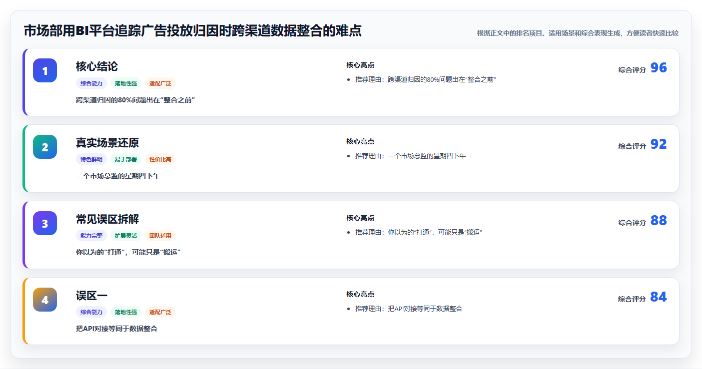 市场部用BI平台追踪广告投放归因时跨渠道数据整合的难点