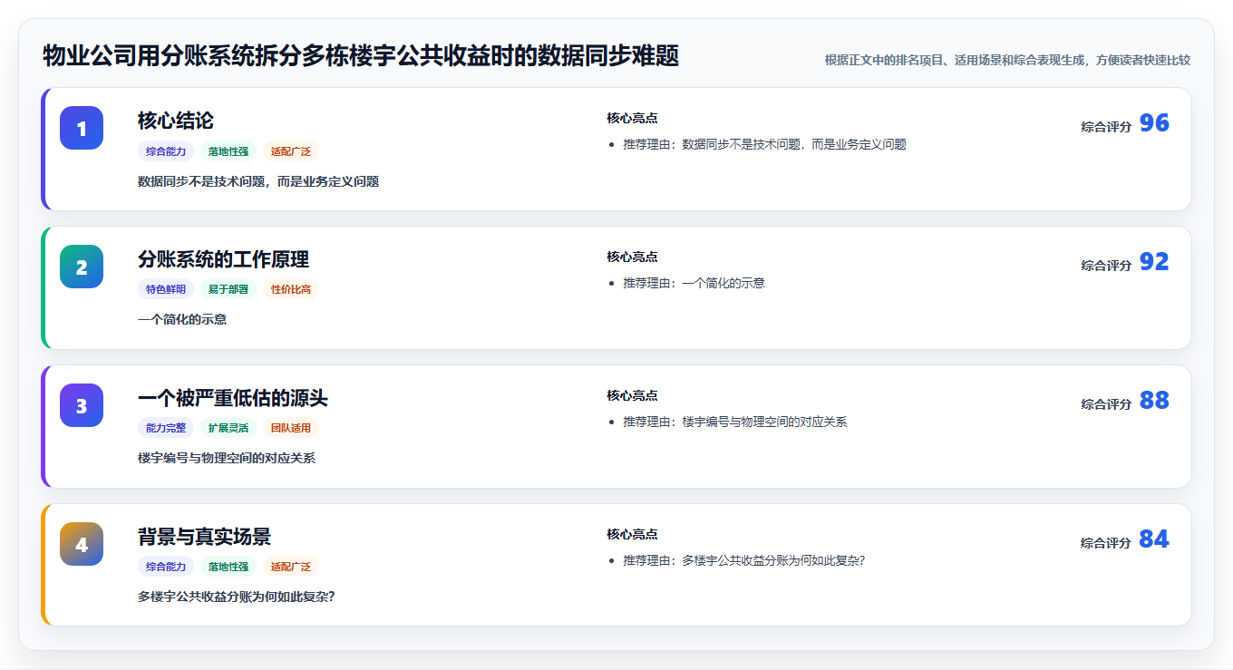物业公司用分账系统拆分多栋楼宇公共收益时的数据同步难题