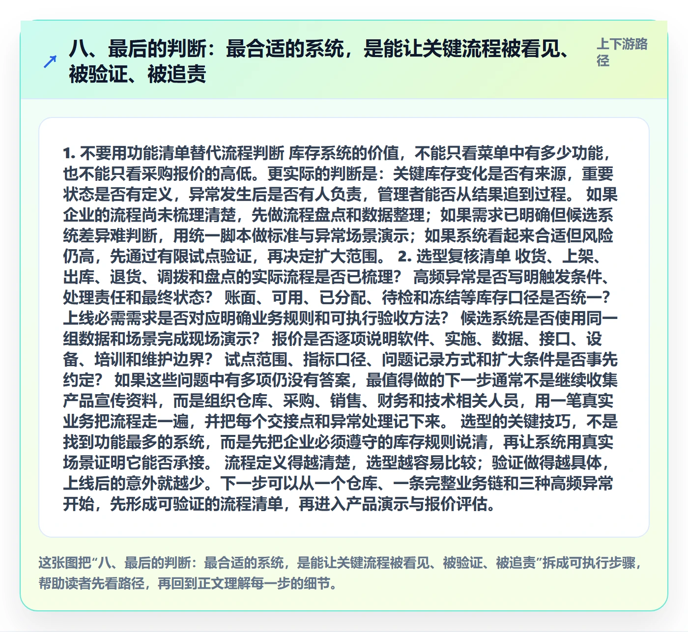 八、最后的判断：最合适的系统，是能让关键流程被看见、被验证、被追责