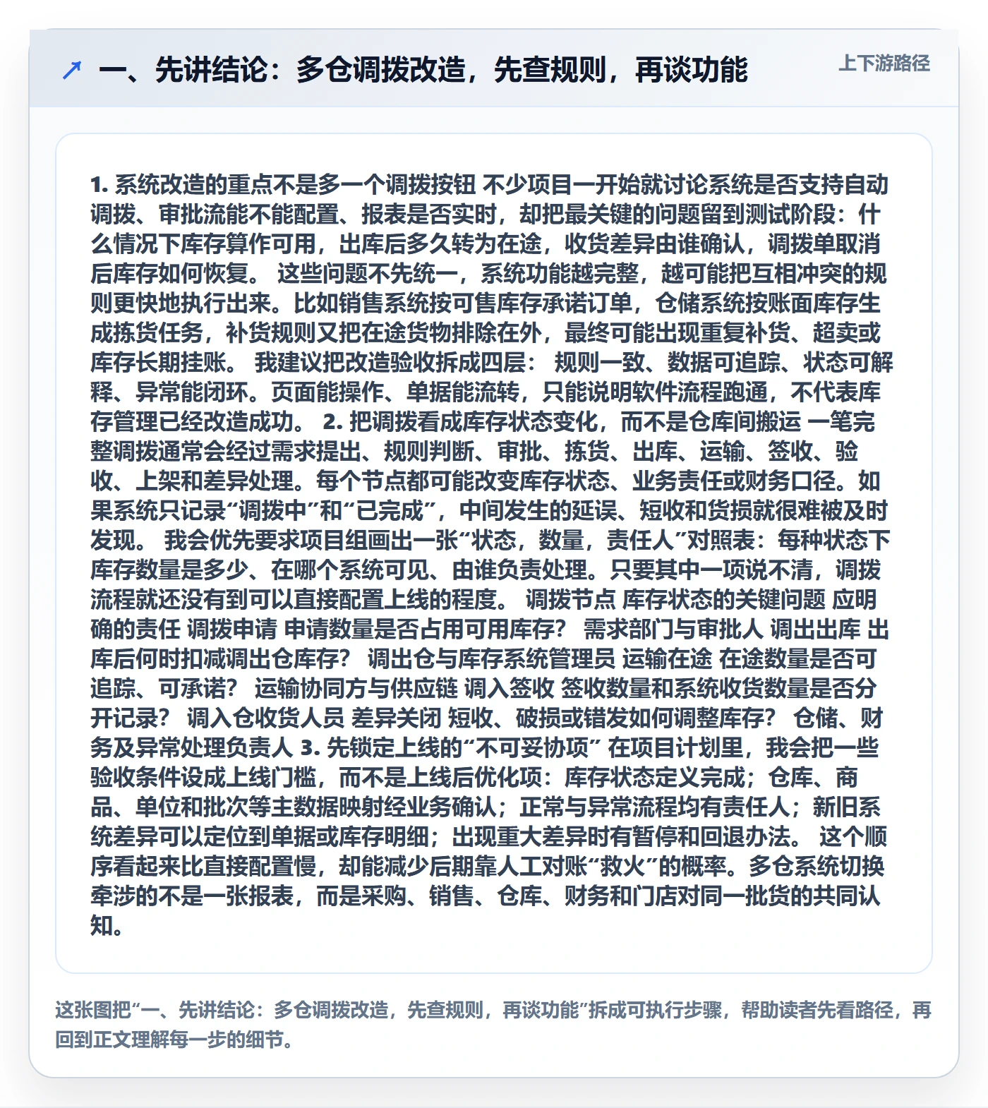 一、先讲结论：多仓调拨改造，先查规则，再谈功能