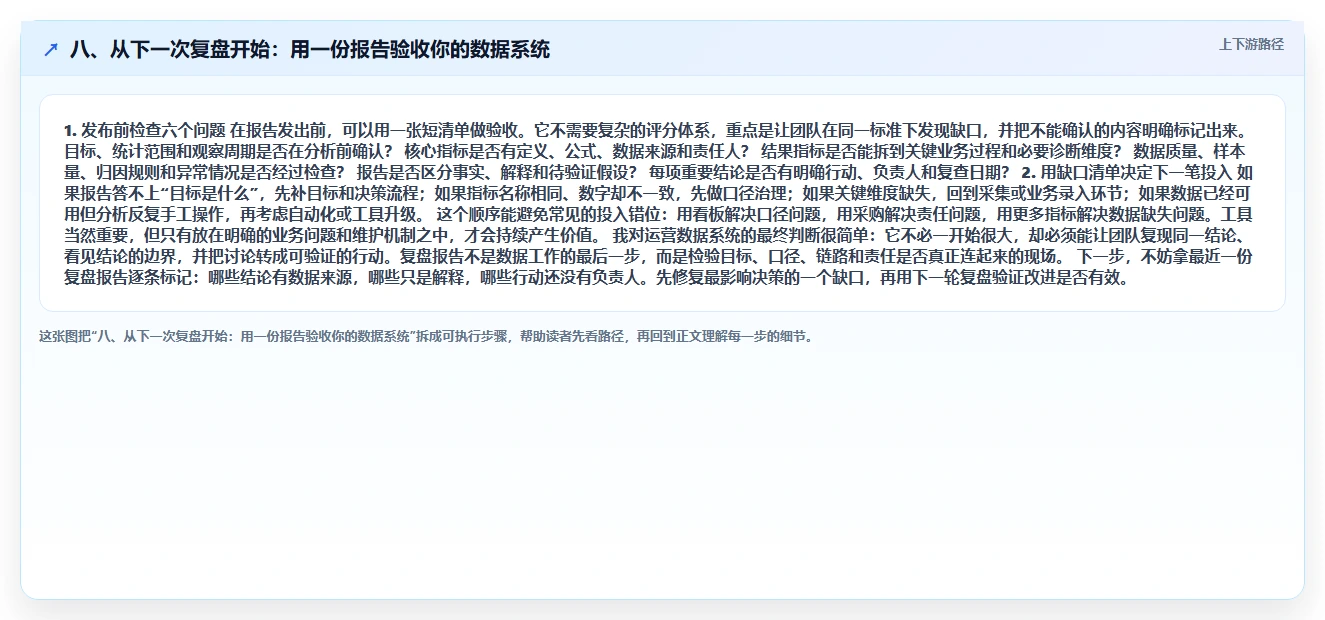八、从下一次复盘开始：用一份报告验收你的数据系统