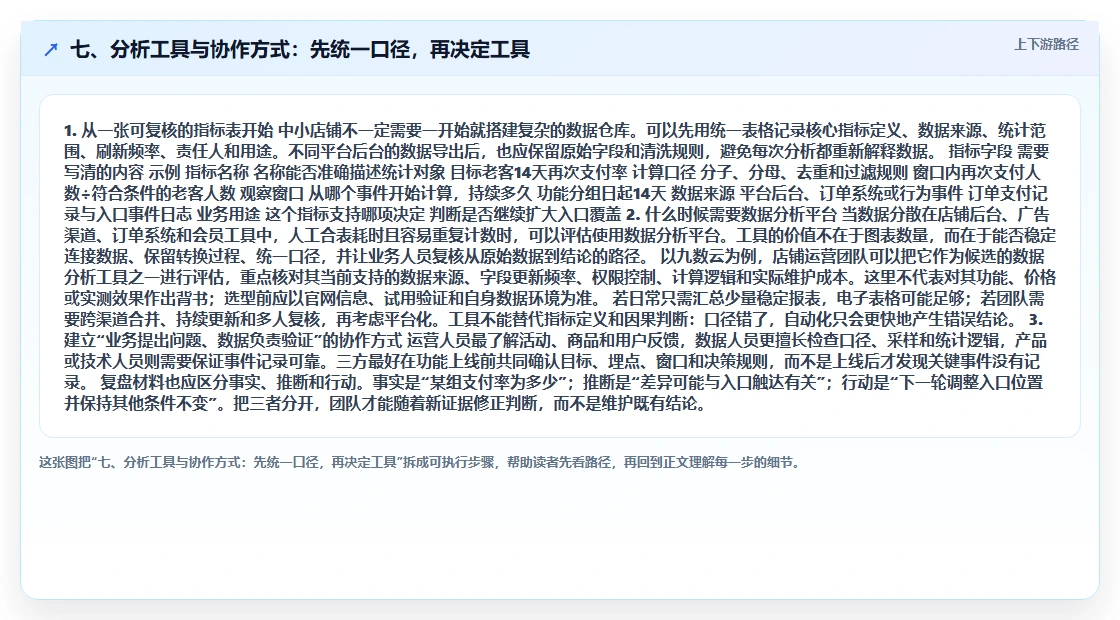 七、分析工具与协作方式:先统一口径,再决定工具