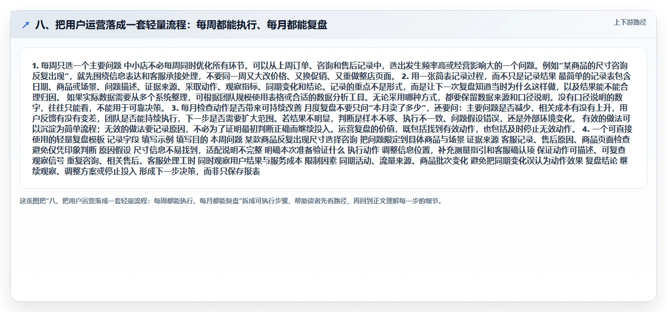八、把用户运营落成一套轻量流程：每周都能执行、每月都能复盘