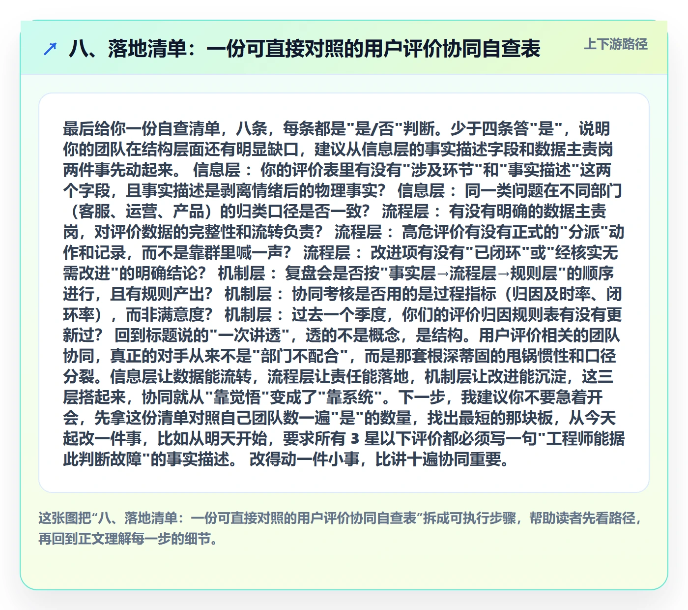 八、落地清单：一份可直接对照的用户评价协同自查表