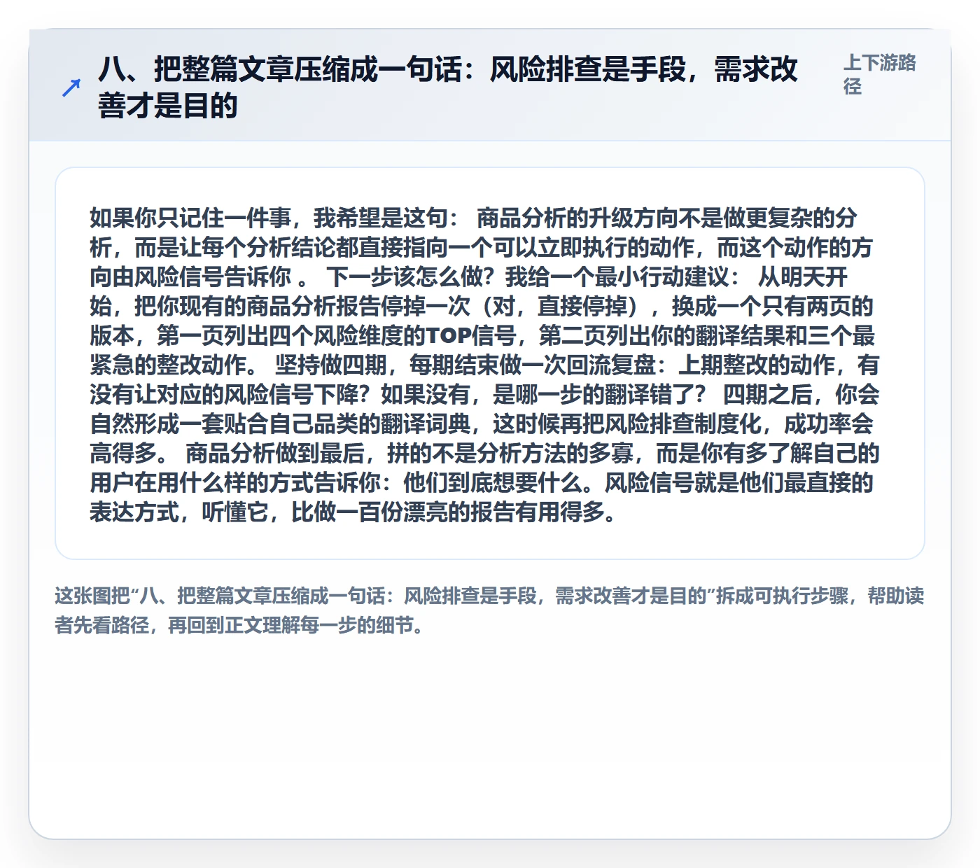 八、把整篇文章压缩成一句话：风险排查是手段，需求改善才是目的