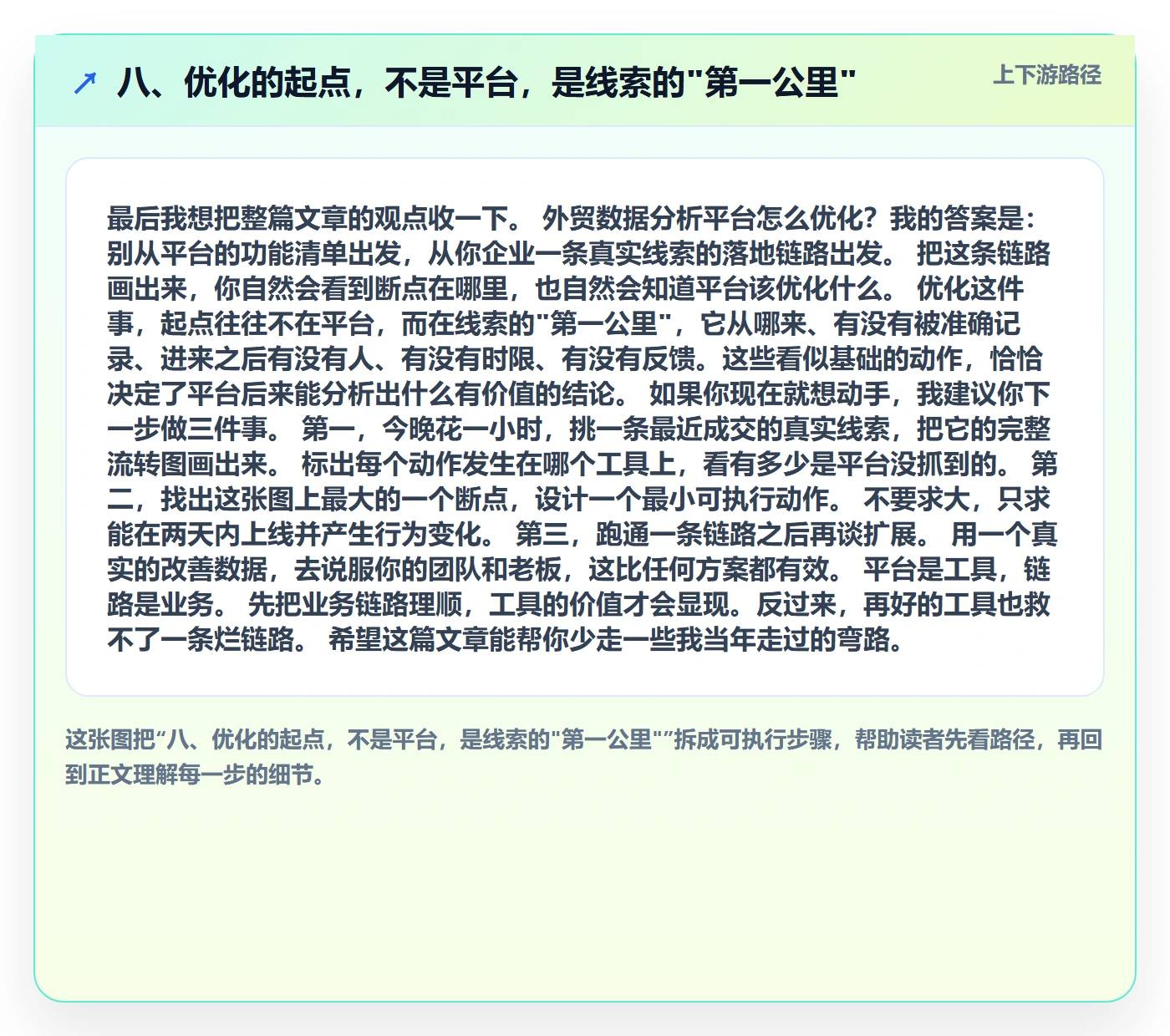 八、优化的起点，不是平台，是线索的"第一公里"